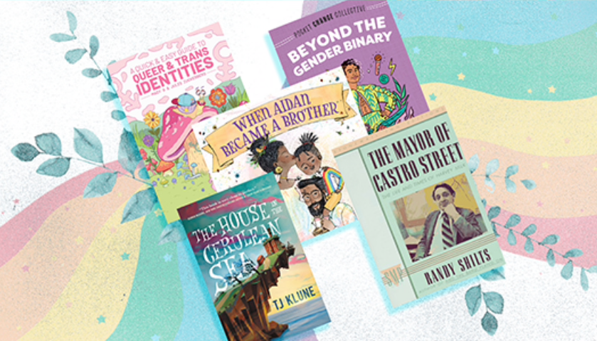 Six books with colorful covers arranged on a pastel, rainbow-like background with leaf illustrations.