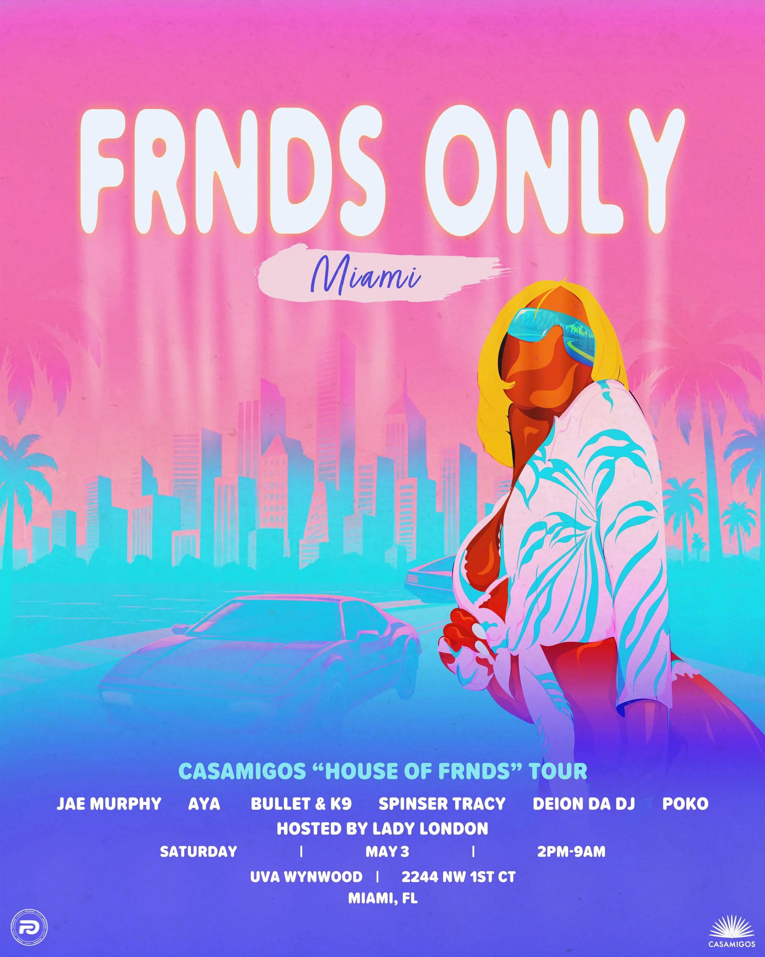 Event poster for Friends Only Miami with a pink background, city skyline, palm trees, and a stylized woman in sunglasses and a robe, advertising a tour with DJ names and event details.