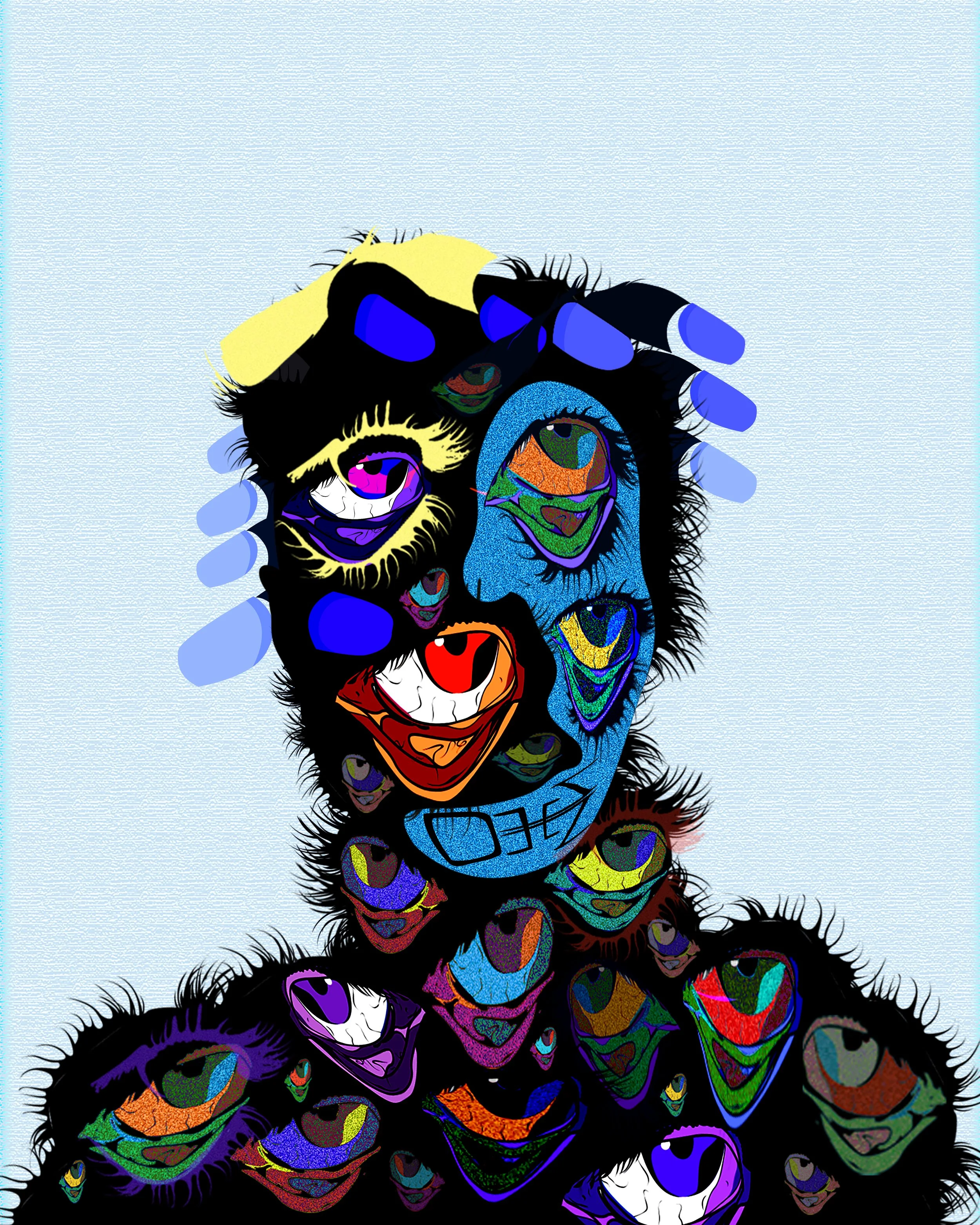 An abstract digital illustration of a humanoid face composed of multiple colorful, stylized faces with various expressions, set against a textured light blue background.