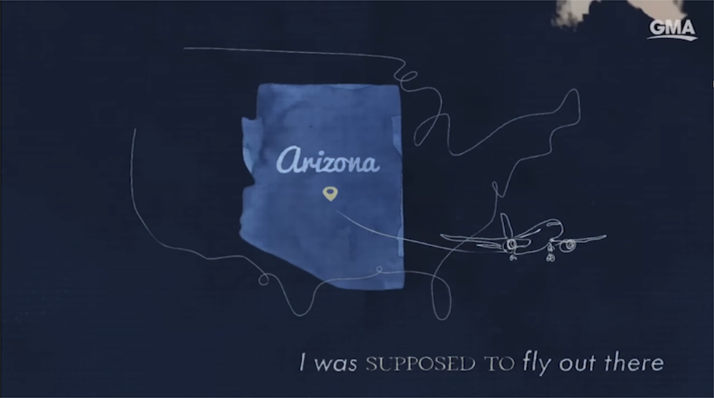 A map of the United States with Arizona highlighted and a pin marking its location. The map has white lines representing flight paths, and text reads "I was SUPPOSED TO fly out there." The GMA logo is in the top right corner.