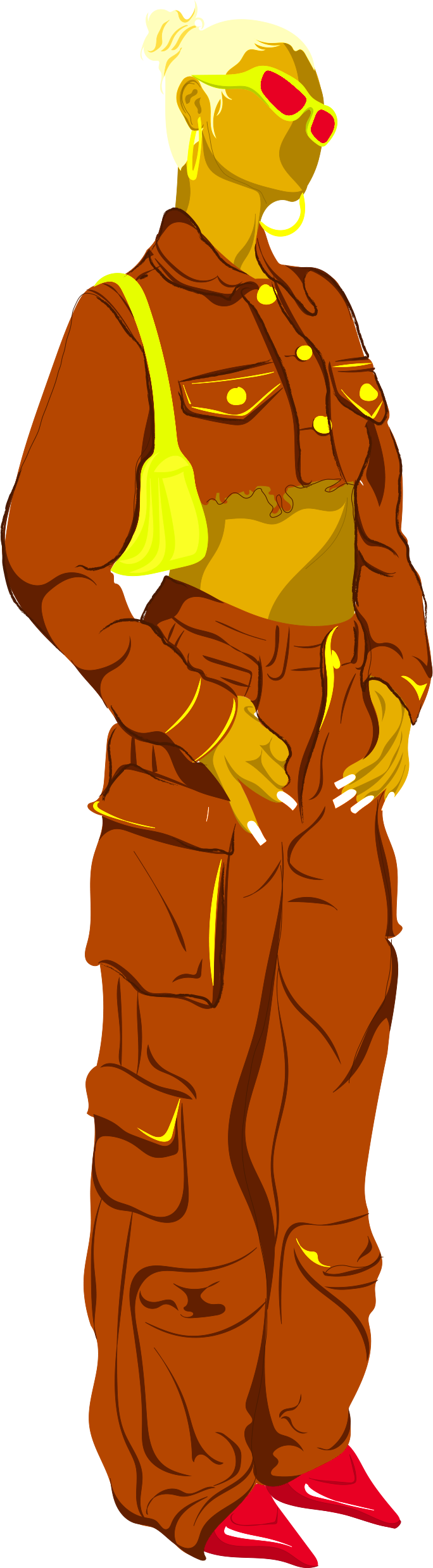 A woman with platinum blonde hair in a bun is wearing neon yellow sunglasses, hoop earrings, a cropped brown jacket, cargo pants, red pointed shoes, and carrying a neon yellow bag, with her hands in her pockets.