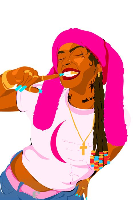 Cartoon illustration of a smiling woman with dreadlocks wearing a pink beanie, white t-shirt, and gold cross necklace, licking a popsicle.