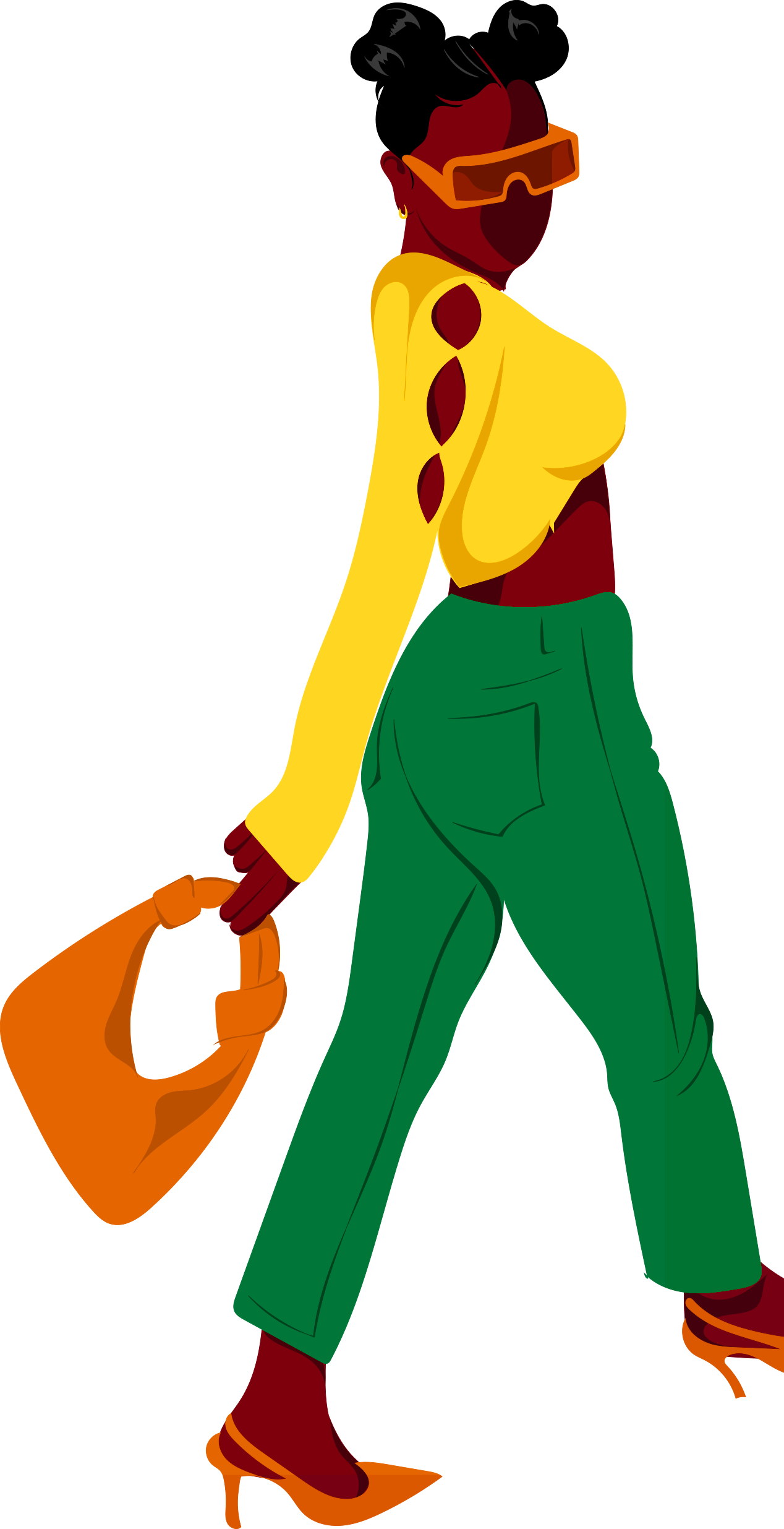 A person wearing a yellow jacket, green pants, and goggles, holding a yellow suitcase, standing against a black background.