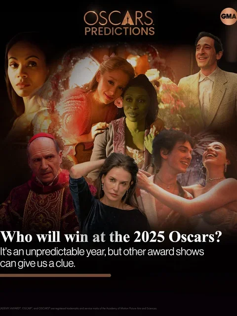 Promotional poster for the 2025 Oscars predictions featuring images of celebrities and the question "Who will win at the 2025 Oscars?" with a note about unpredictable awards.