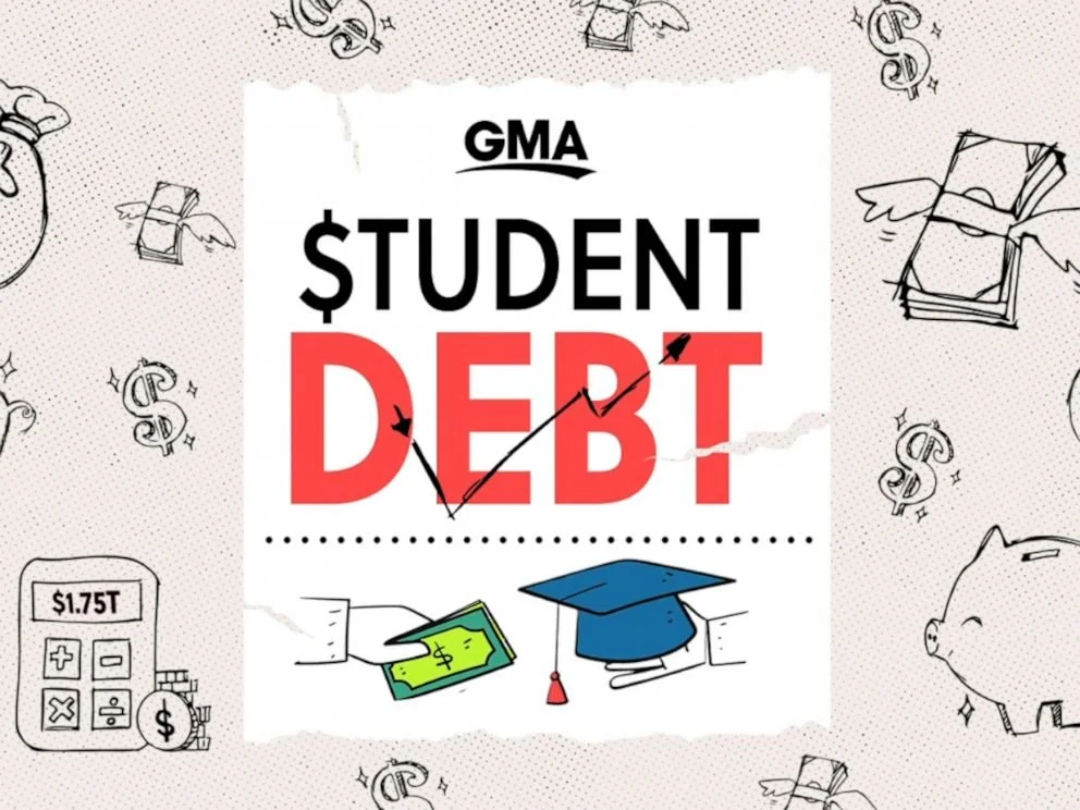 Graphic illustrating student debt with images of money, graduation cap, calculator, piggy bank, and dollar signs, emphasizing financial burden of student loans.