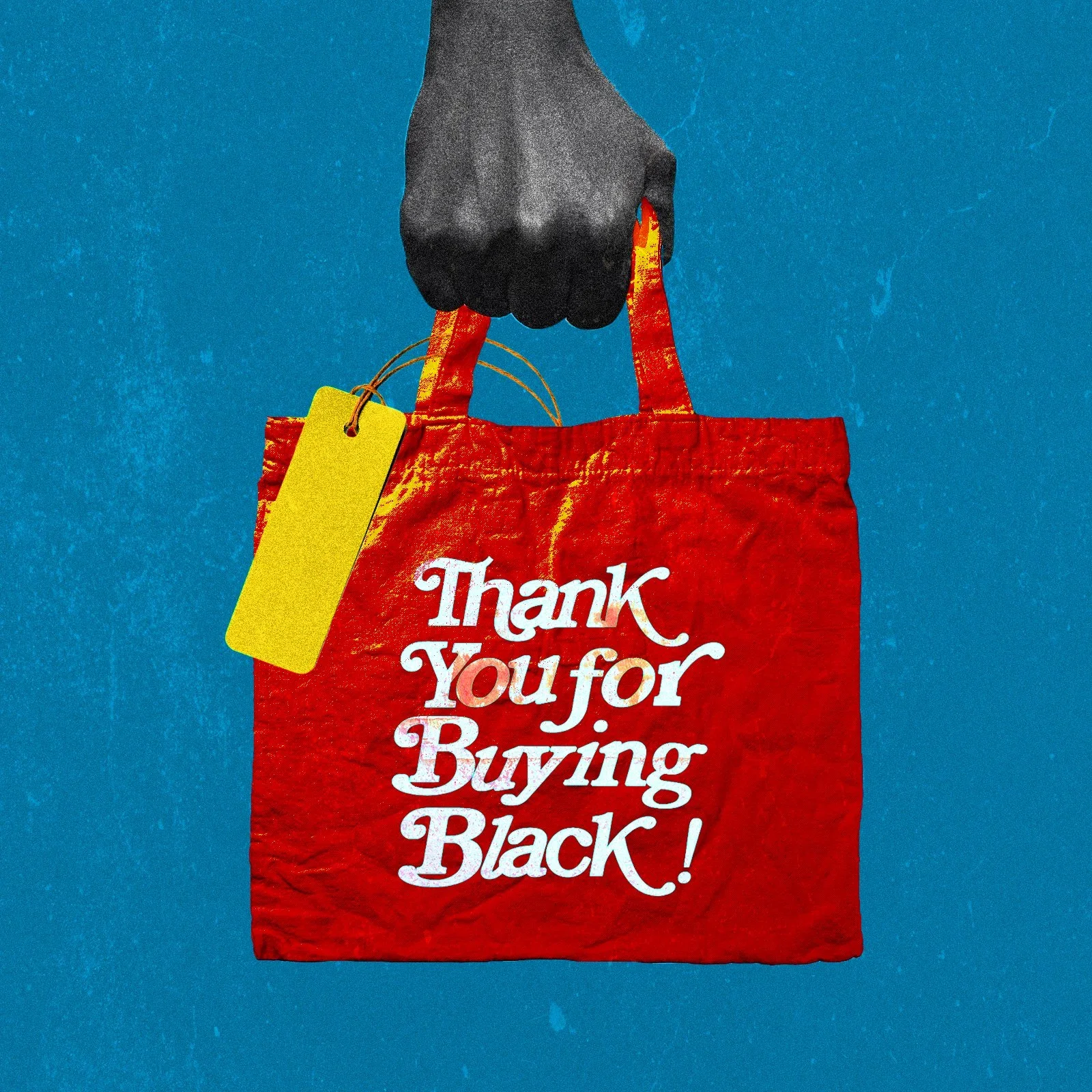 A black hand holding a red tote bag with the message 'Thank You for Buying Black!' written in white lettering, against a blue background.
