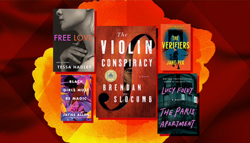 Collection of five book covers arranged on a red and orange abstract background.