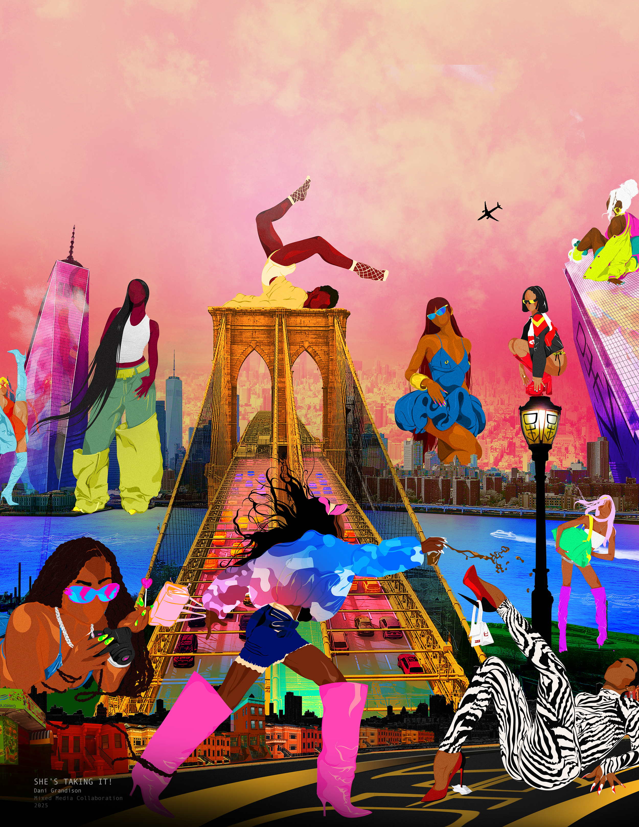 A vibrant, surreal cityscape featuring a colorful, artistic depiction of New York City with the Brooklyn Bridge, skyscrapers, and a pink sky, inhabited by fashionable, diverse women and one man in bold outfits, engaging in various activities like taking photos, riding scooters, and posing.