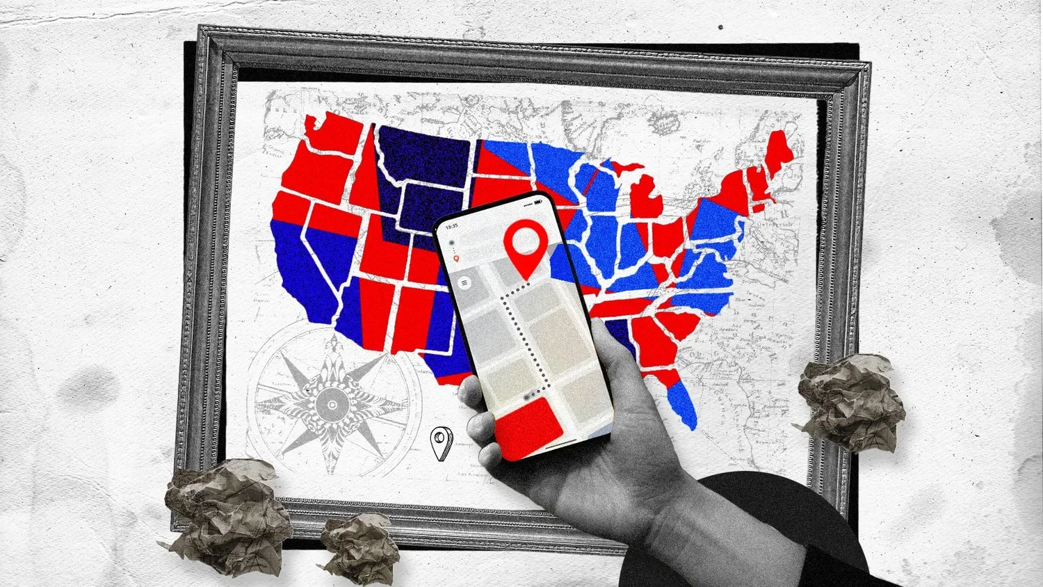 A framed map of the United States with red and blue regions, a compass rose, and dollar signs in the background, with a hand holding a smartphone showing a map with a red location marker, on a white wall with crumpled paper at the bottom.