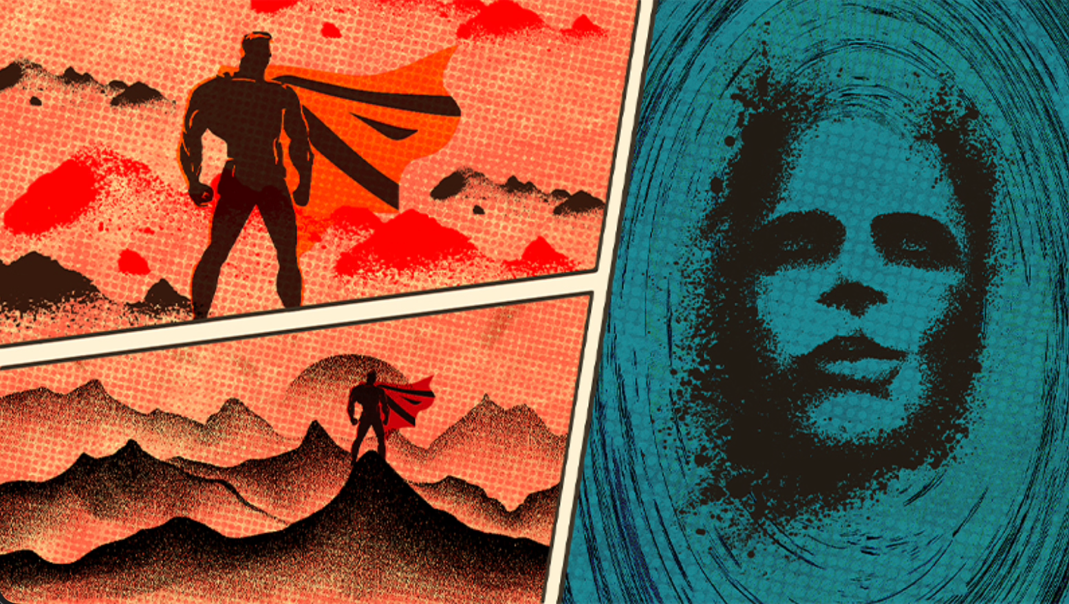 A comic book style split image featuring a silhouette of a superhero with a cape standing on mountains against a red and orange sunset, and a close-up of a woman's face with a skull mask wearing a hood in blue tones.
