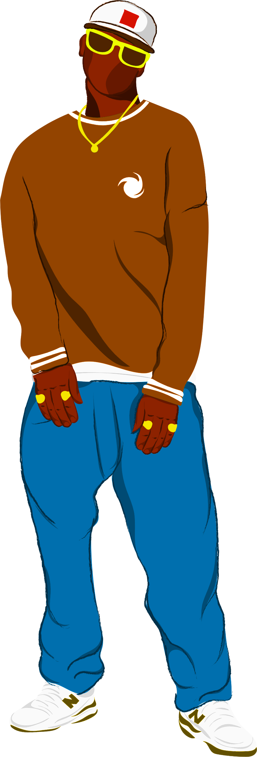 Stylized digital illustration of an African American man dressed in urban streetwear, wearing a white cap with a red square, yellow sunglasses, a gold chain, blue jeans, white sneakers, and multiple yellow rings.