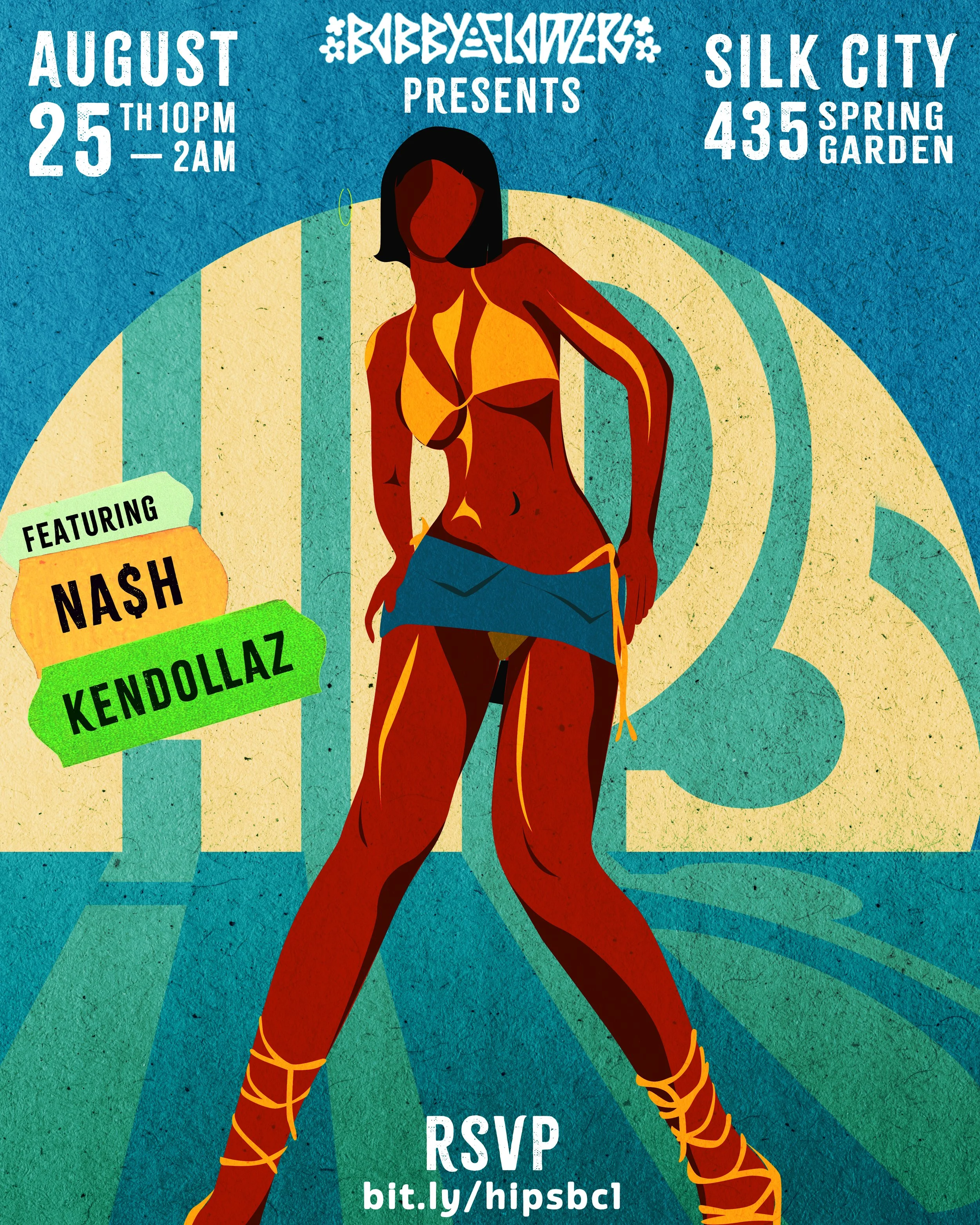 Event poster for a nightclub party featuring a stylized illustration of a topless woman in a short skirt, with text details about the event date, location, and performers.