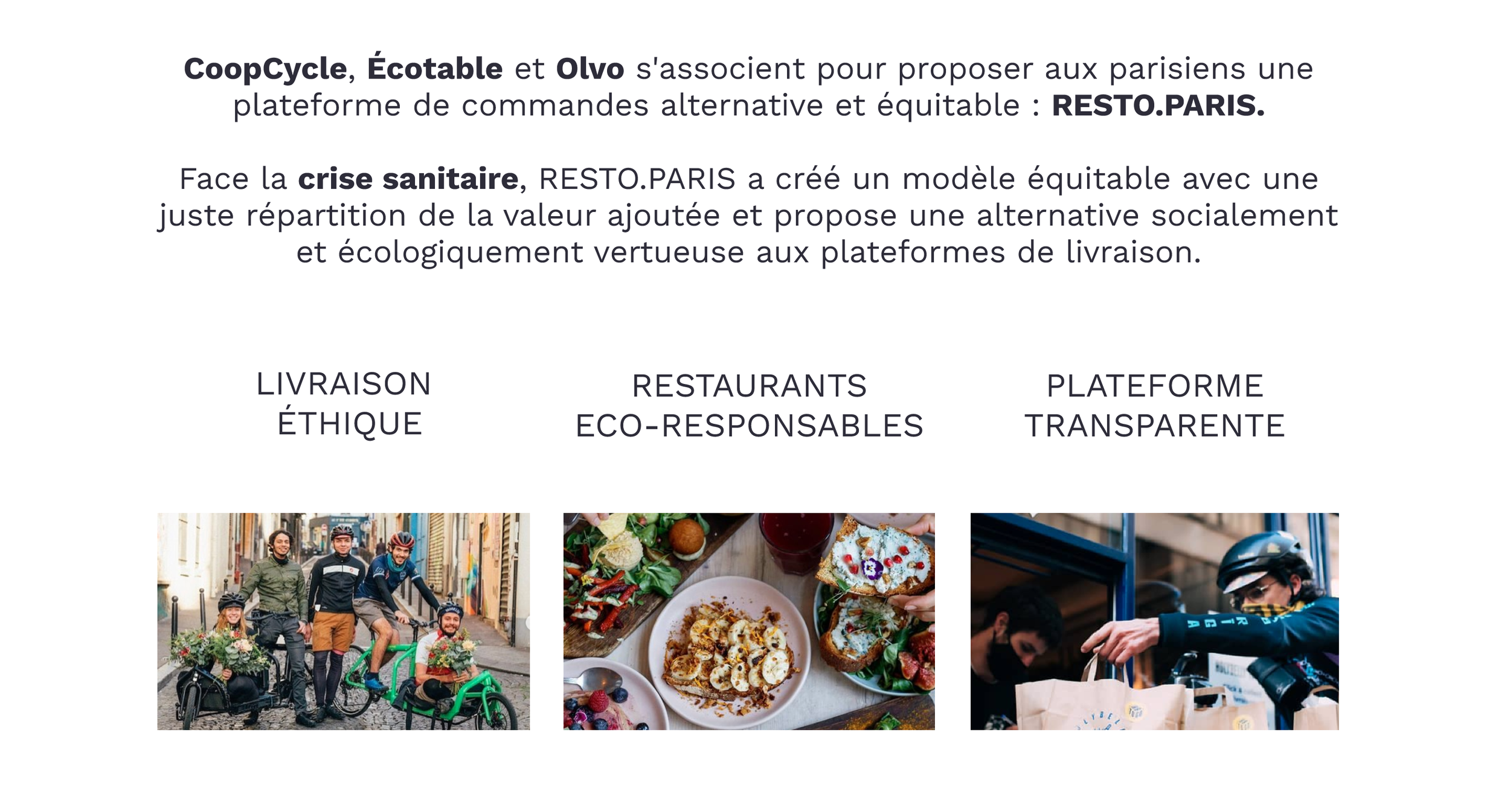 Affiche présentant une collaboration entre CoopCycle, Écotable et Olvo pour une plateforme de livraison durable et éthique. Inclut trois images : un groupe de personnes en vélo dans une rue, des plats de nourriture sur une table, et une personne en v