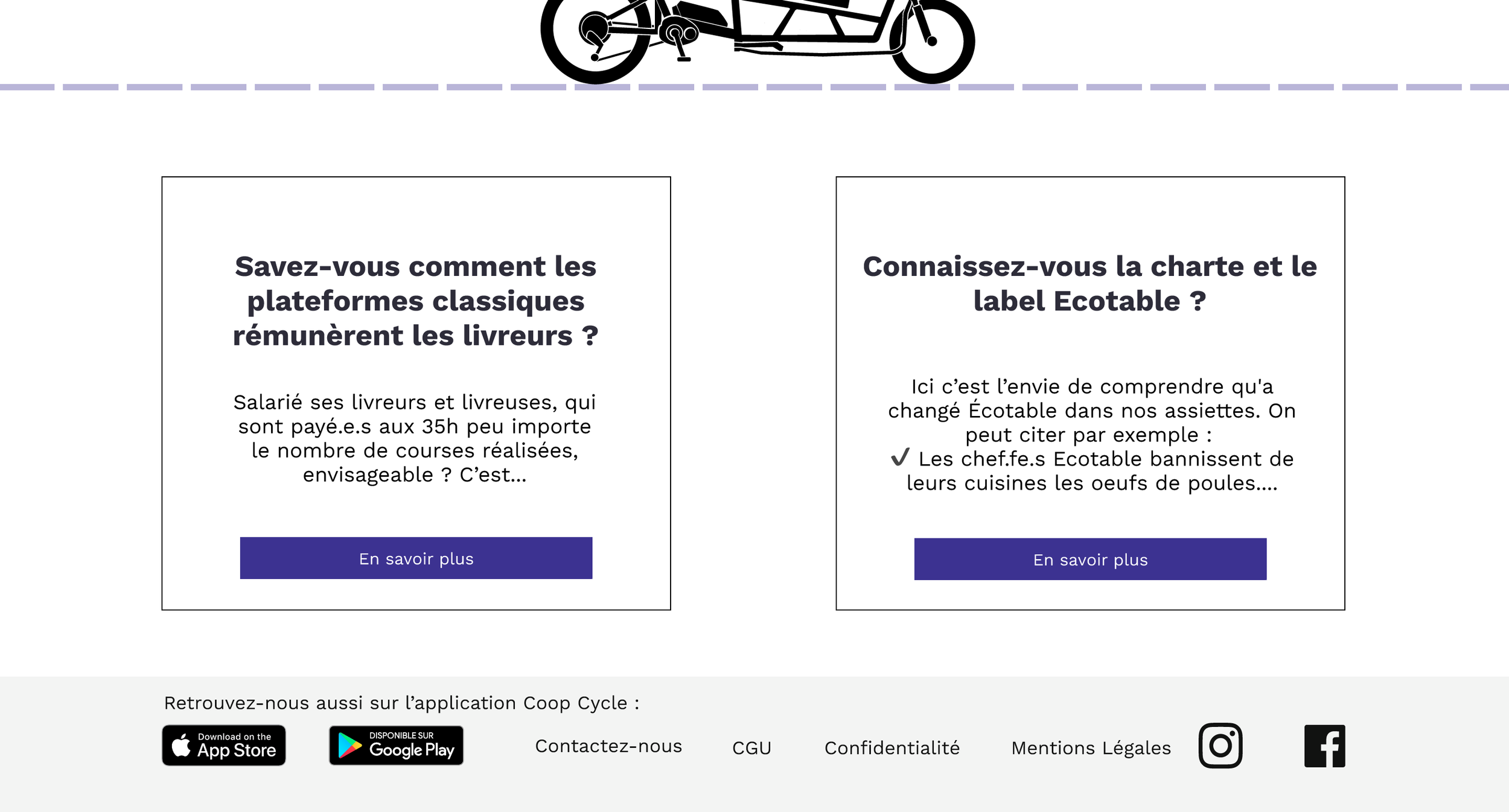 Page web présentant deux sections d'information. La première section a pour titre "Savez-vous comment les plateformes classiques rémunèrent les livreurs ?" avec un texte explicatif et un bouton "En savoir plus" en bleu. La seconde section pose la que