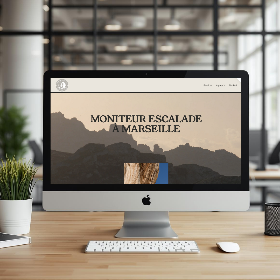 Écran d'ordinateur affichant une page web avec les mots 'Moniteur escalade à Marseille', sur un bureau en bois avec une plante, un clavier et une souris, dans un espace de bureau moderne avec beaucoup de lumière naturelle.