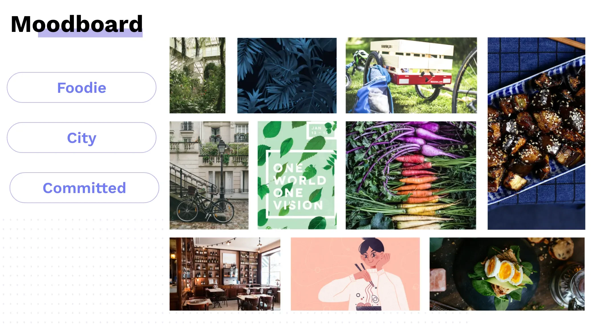Une grille d'images représentant des idées pour un moodboard avec différentes photos, dont des plantes, des légumes, une bicyclette, un intérieur de café, une illustration, et des plats de nourriture, avec des options de catégories "Foodie", "City" et "Committed".
