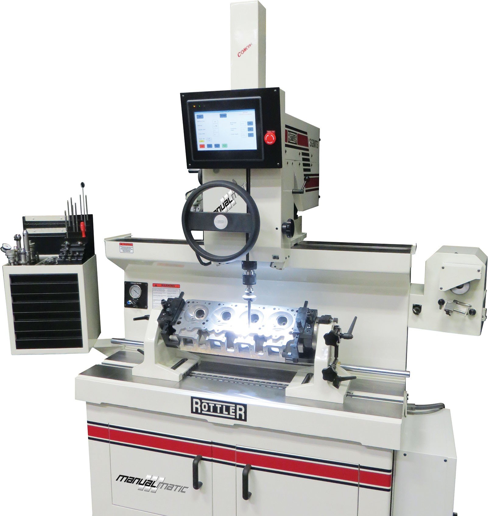 A motorized machine with a digital control panel and mounted on a table labeled 'ROTTLER'. It appears to be used for machining or grinding engine parts, with tool attachments and a metal workpiece on the table.