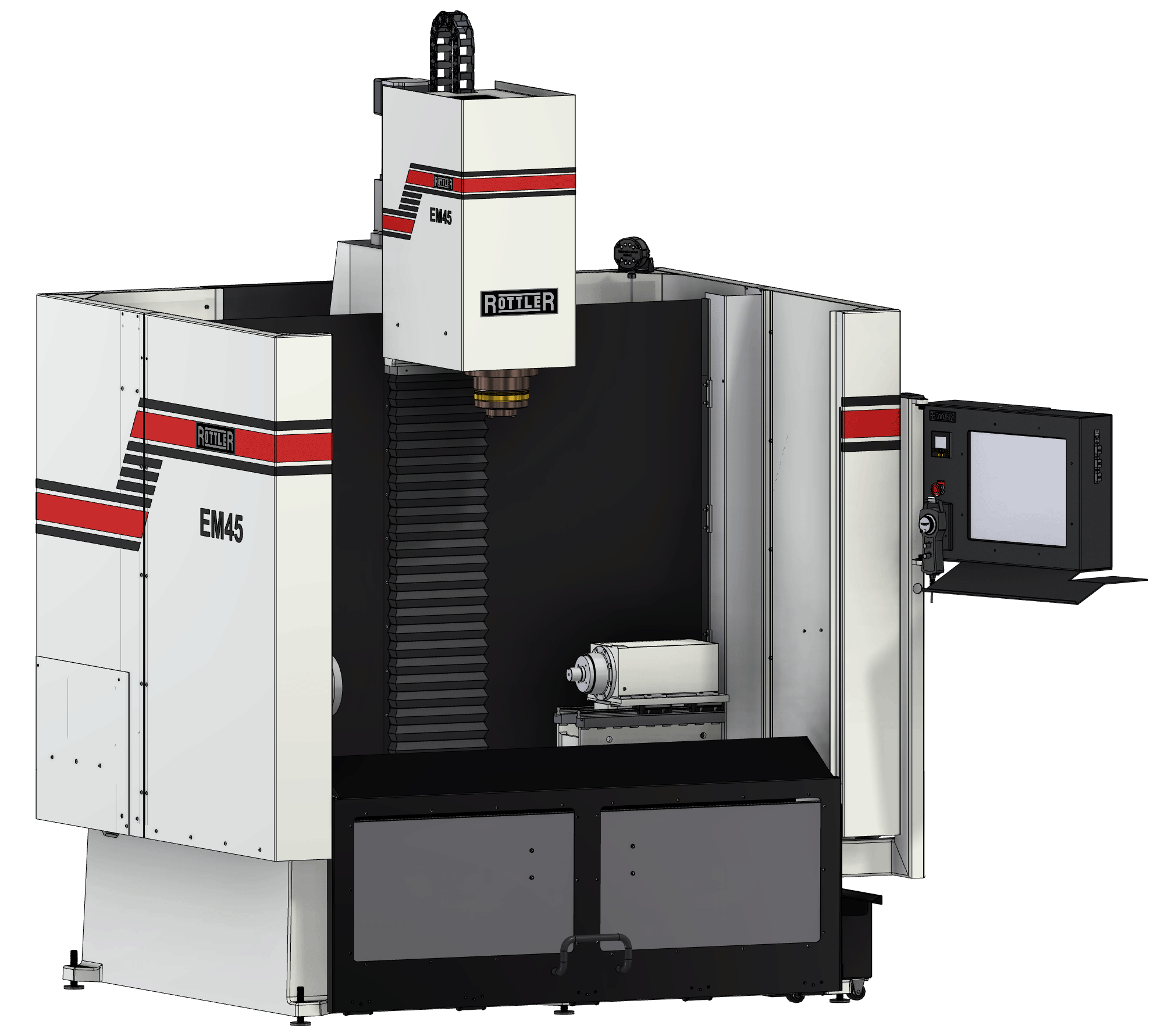 A computer-controlled industrial milling machine with the brand name 'Rottler' and model 'EM45'.