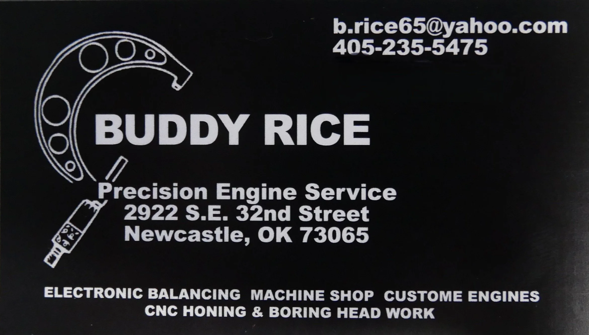 Business card for Buddy Rice, an engine service shop. Includes contact email, phone number, company address in Newcastle, OK, and services like engine balancing, machine shop, CNC honing, boring, and head work. Features a graphic of a piston and a bearing.