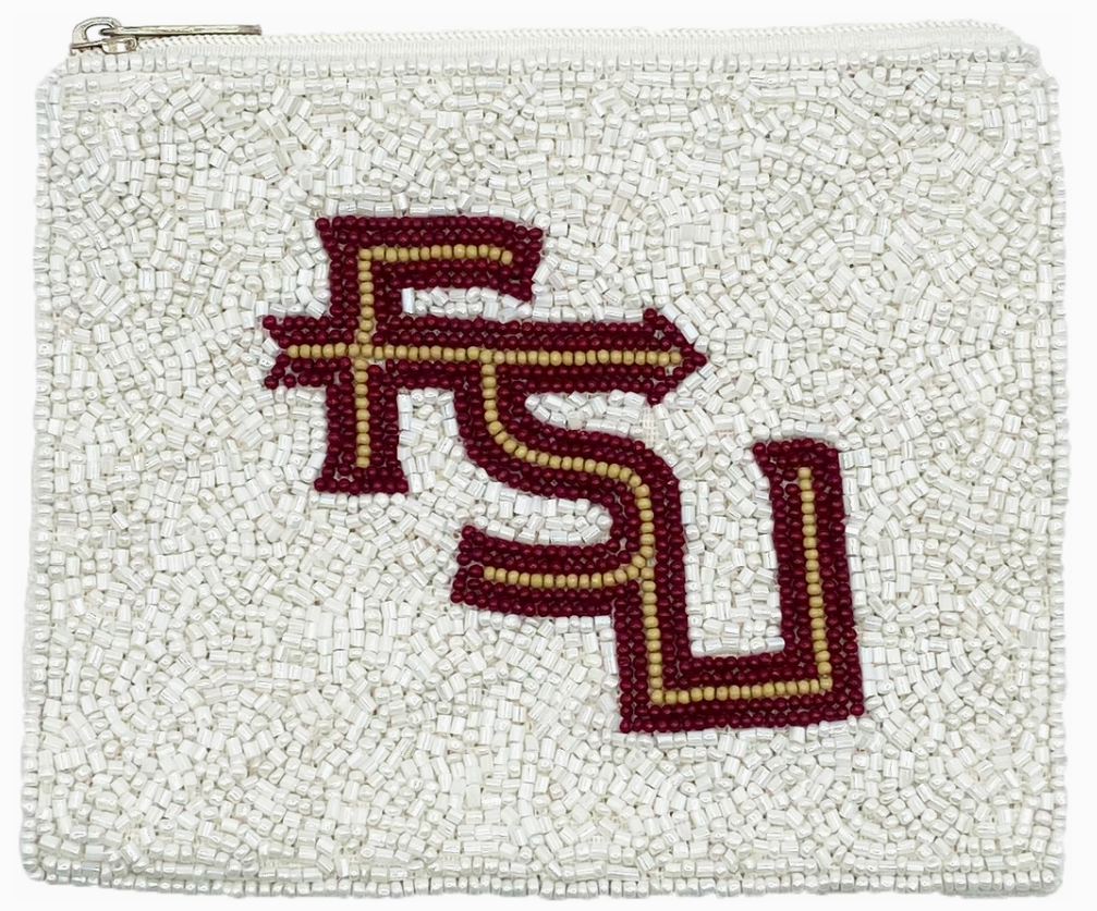 White FSU Beaded Pouch