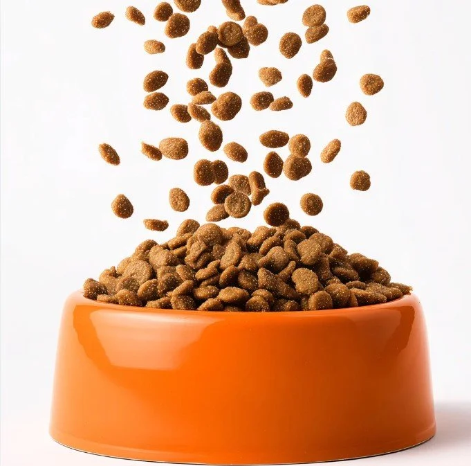 Animal kibble falling into an orange pet food bowl on a white background.