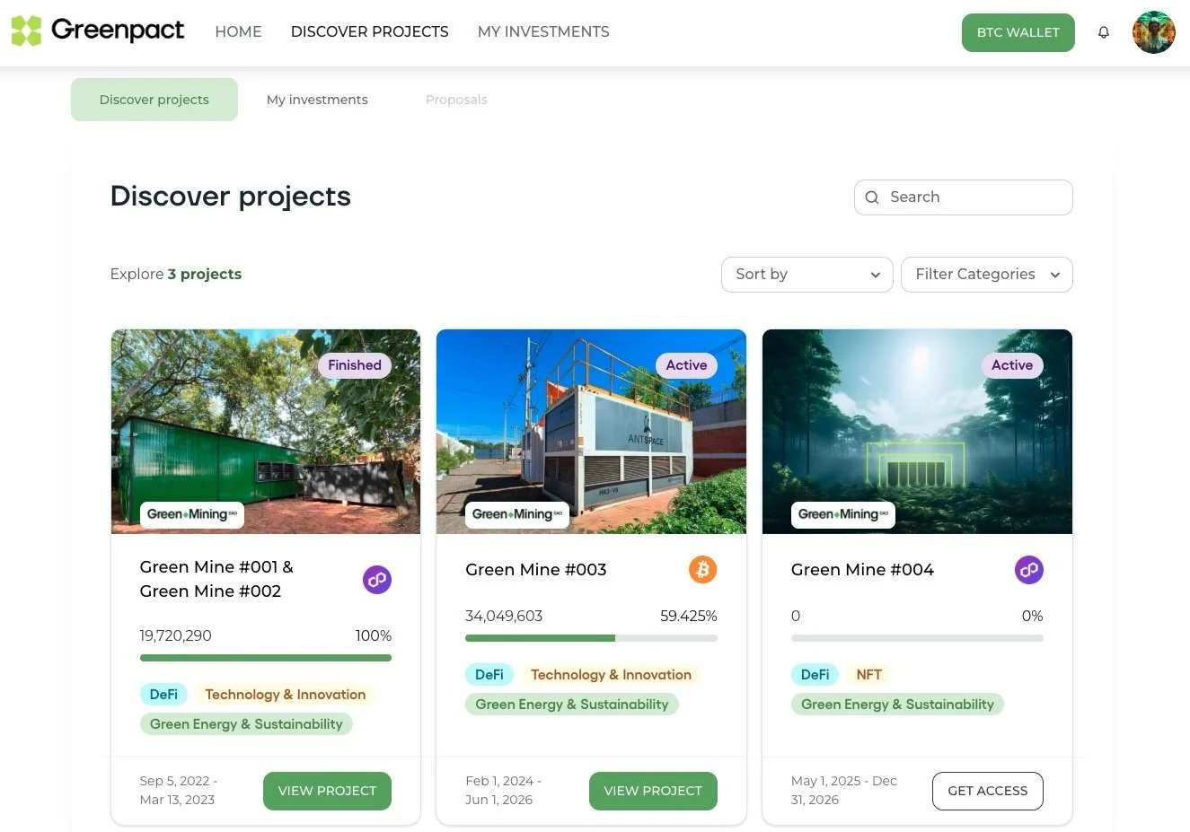 Screenshot of the Greenpac investment platform showing three projects: two completed green mining projects and one active project involving a modular container with infrastructure equipment, set against a forest background.