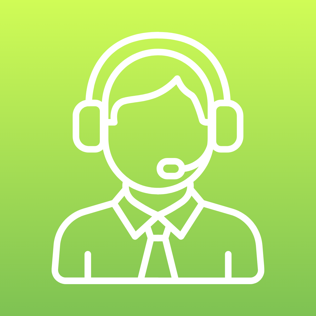 Icon of a customer service representative wearing a headset with a microphone, set against a green gradient background.