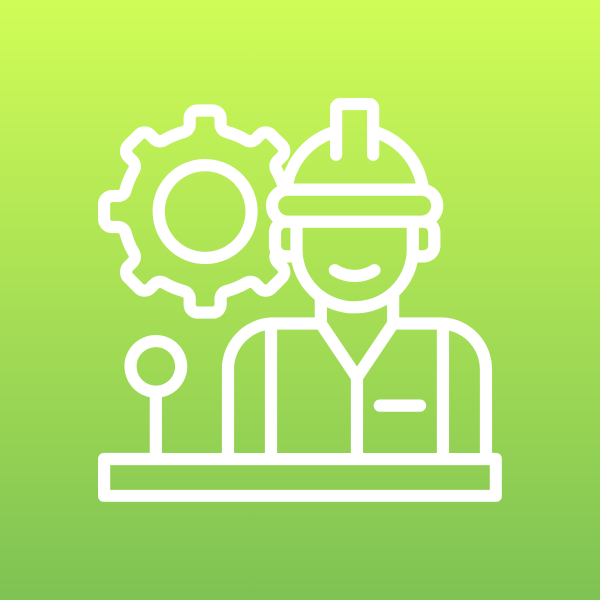 Line drawing of a person wearing a hard hat, sitting at a desk with a microphone, and a gear symbol behind them on a green background.