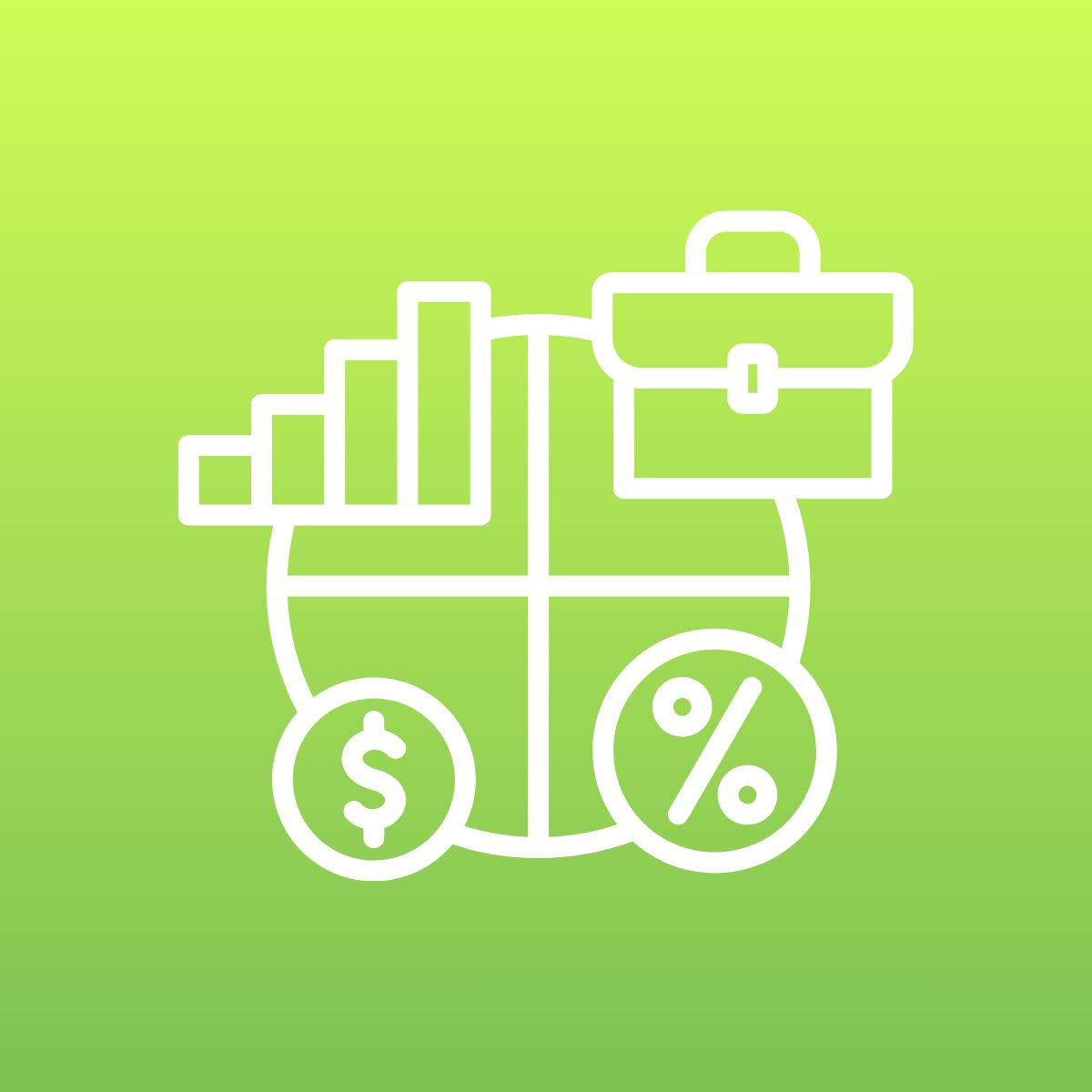 Outline of a pie chart with bar graph and briefcase icons above, and dollar and percentage symbols below, on a green background.