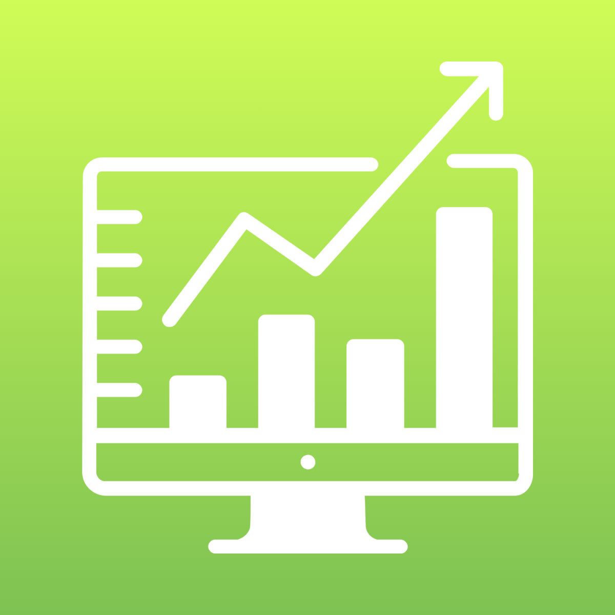 White line graph and bar chart on a green background.