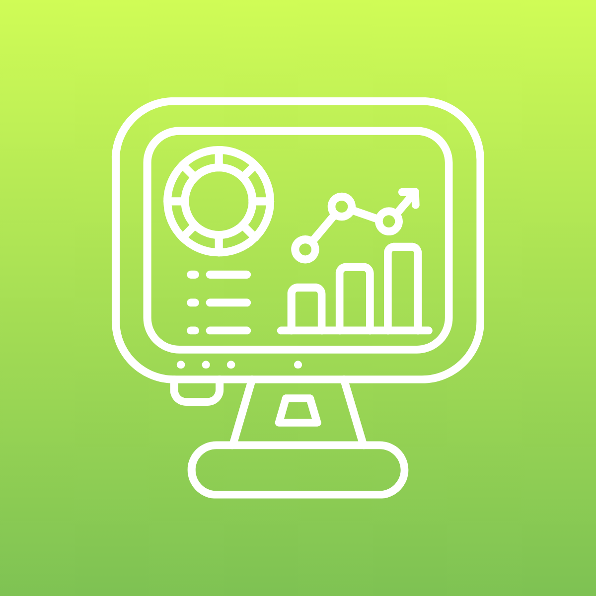 Icon of a computer screen showing data analysis charts including a pie chart, bar graph, and line graph with an upward trend.
