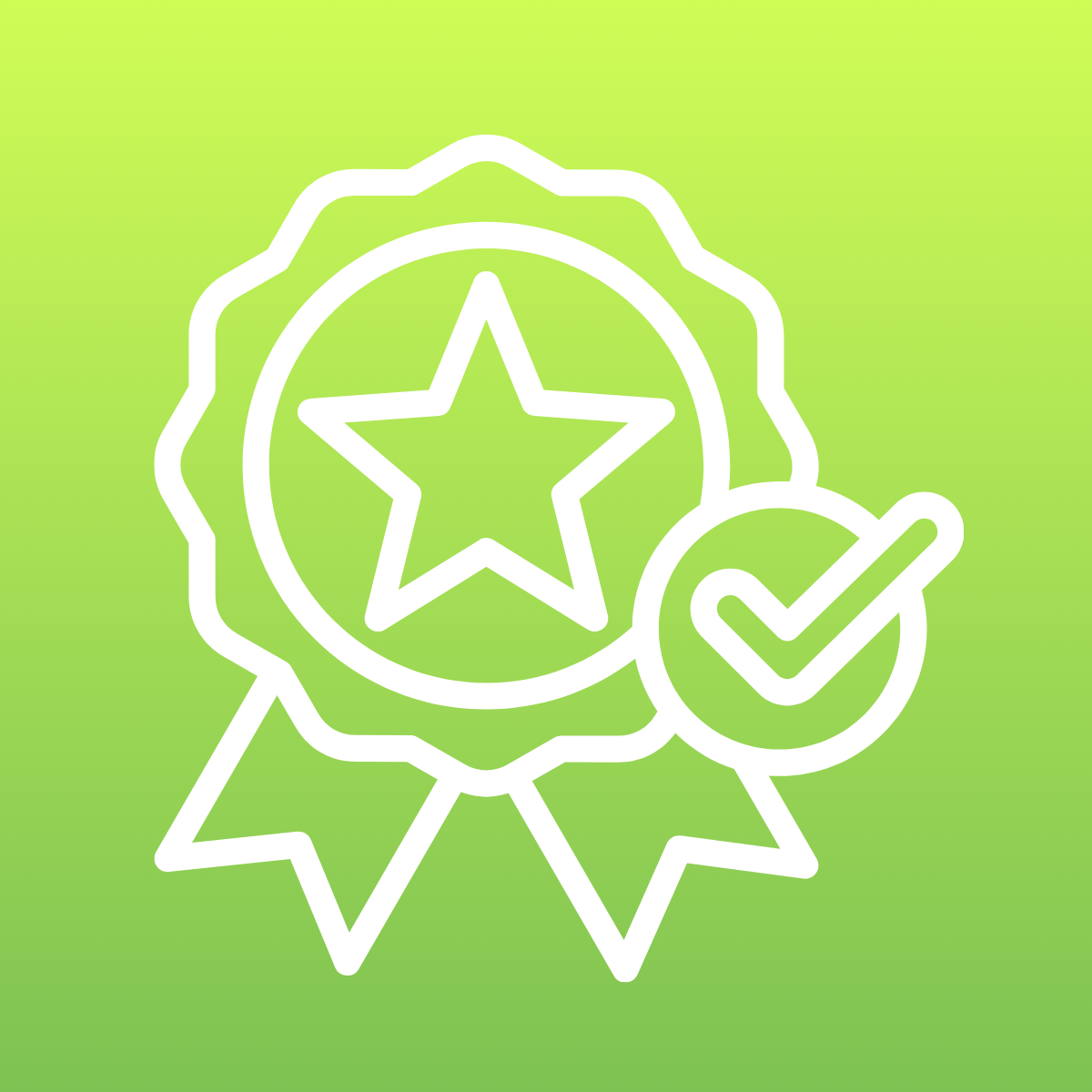 Outline icon of a medal with a star in the center, accompanied by a checkmark, on a green gradient background.