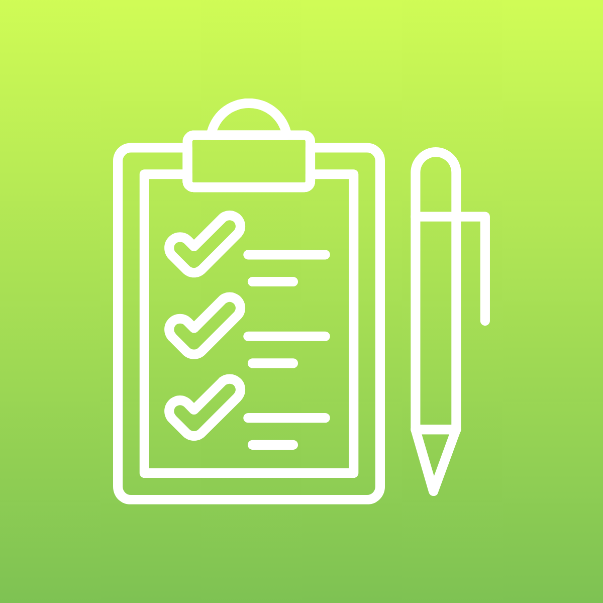 Outline of a clipboard with checkmarks and lines on a green gradient background, accompanied by a pen.