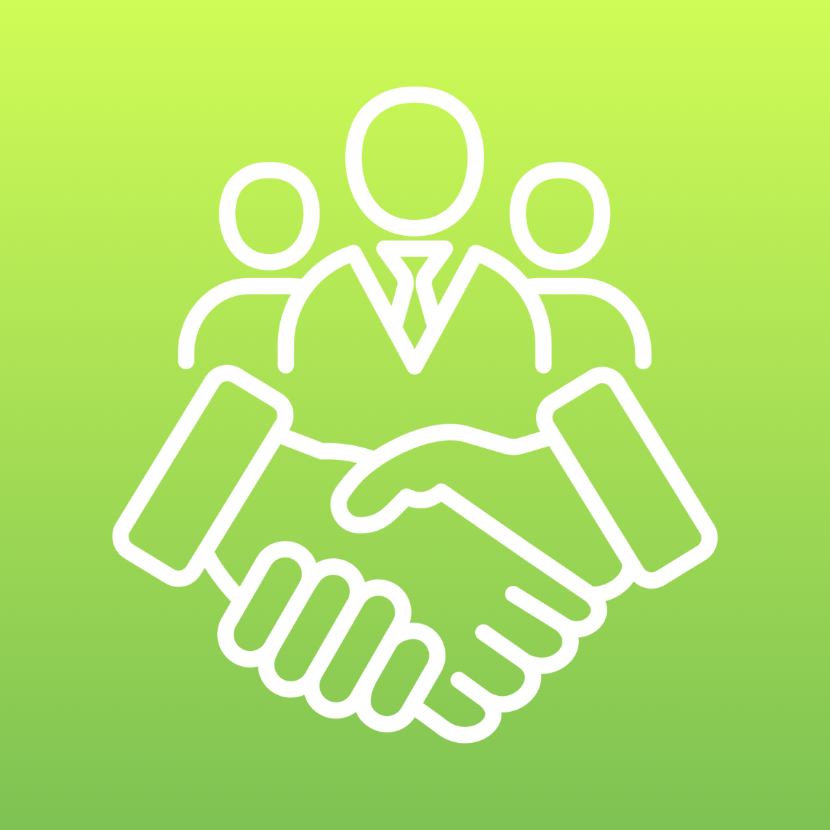 Line drawing of a handshake beneath a graphic of three business professionals, one wearing a suit and tie, on a light green background.