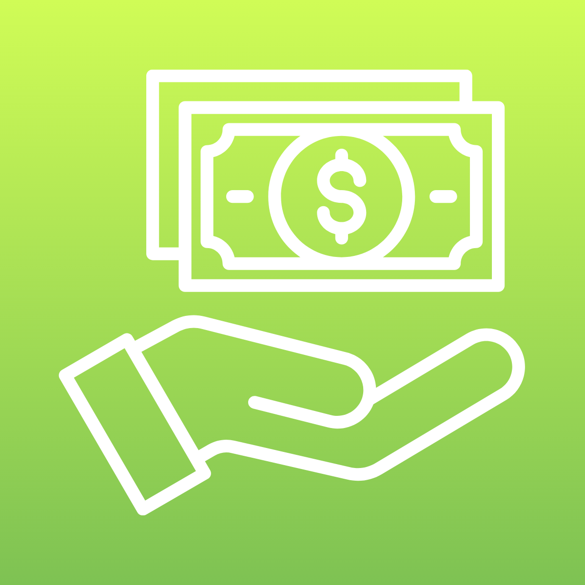 Outline of a hand holding a dollar bill, with a second dollar bill above it, all set against a green gradient background.