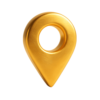 A 3D gold map pin icon.