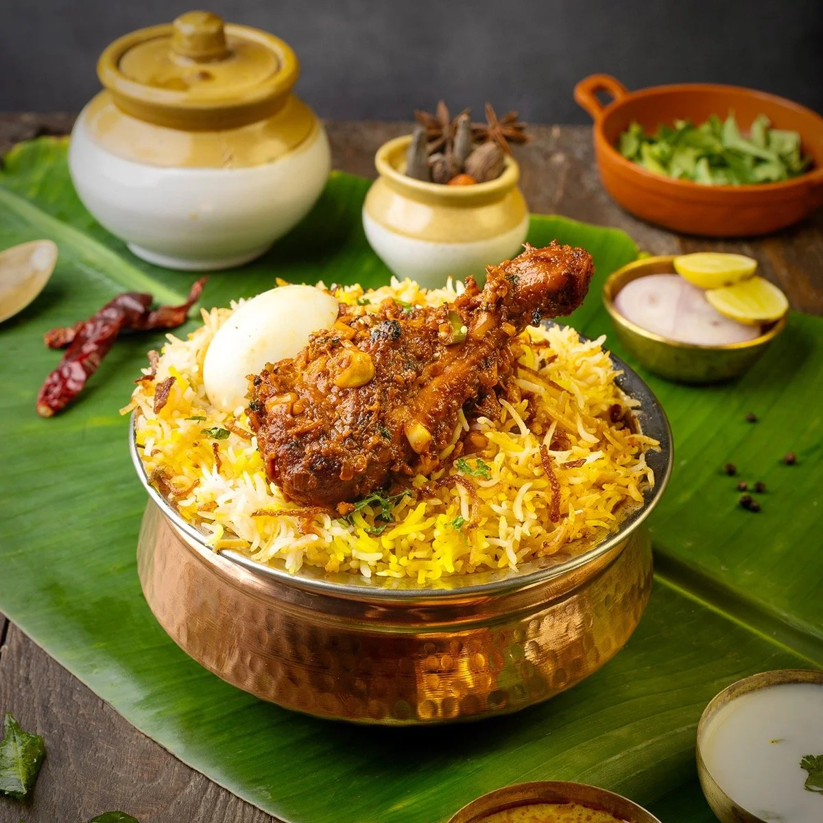 A bowl of biryani rice with a chicken drumstick and boiled egg, garnished with spices. Surrounding bowls contain vegetables, spices, and condiments. The dish is served on a banana leaf.
