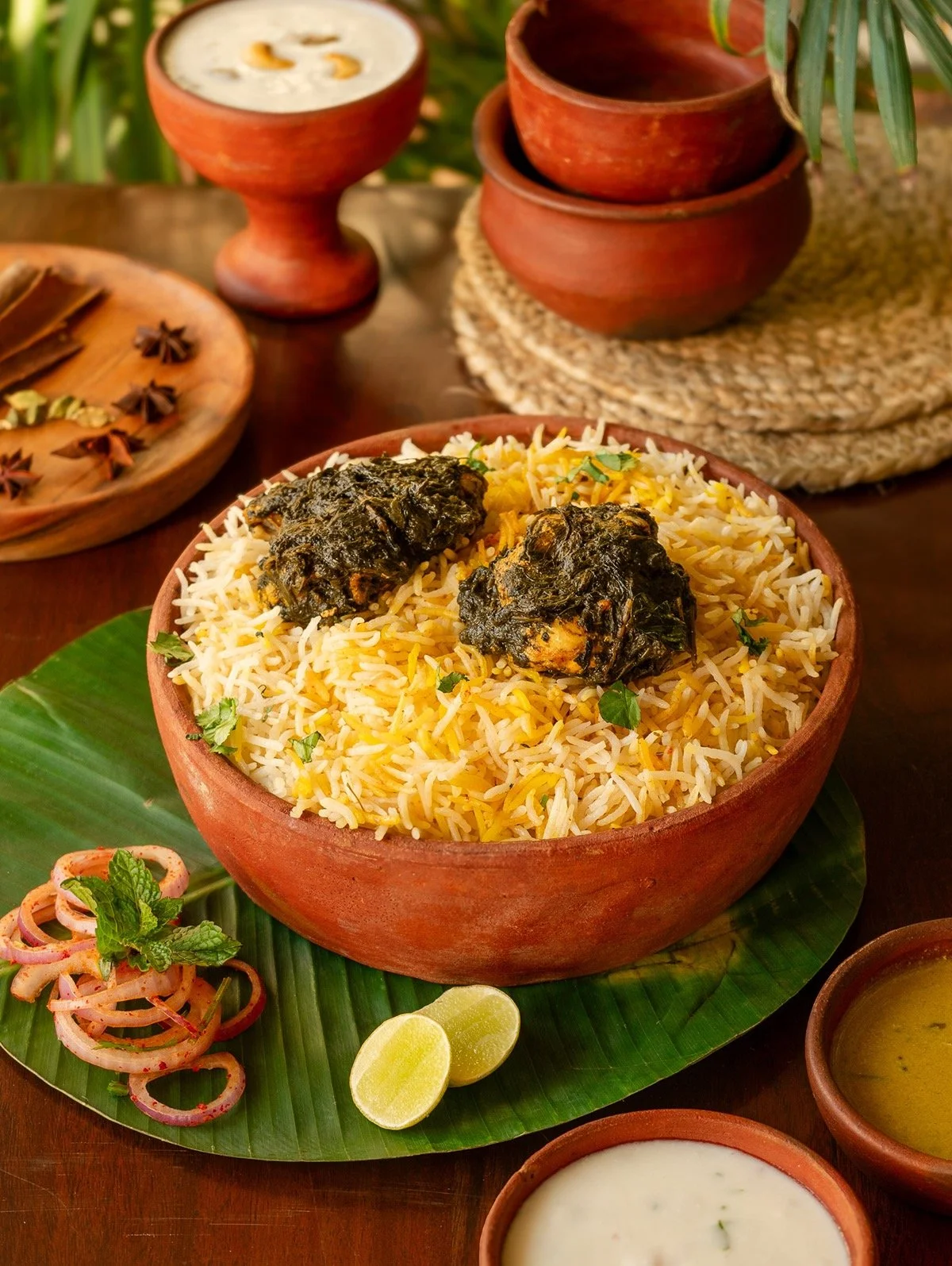 A bowl of rice topped with two pieces of cooked fish in leafy green sauce, garnished with chopped herbs, beside lime wedges, served on a banana leaf. Surrounding dishes contain various sauces and a side of onions with mint, with bowls and bowls of tr