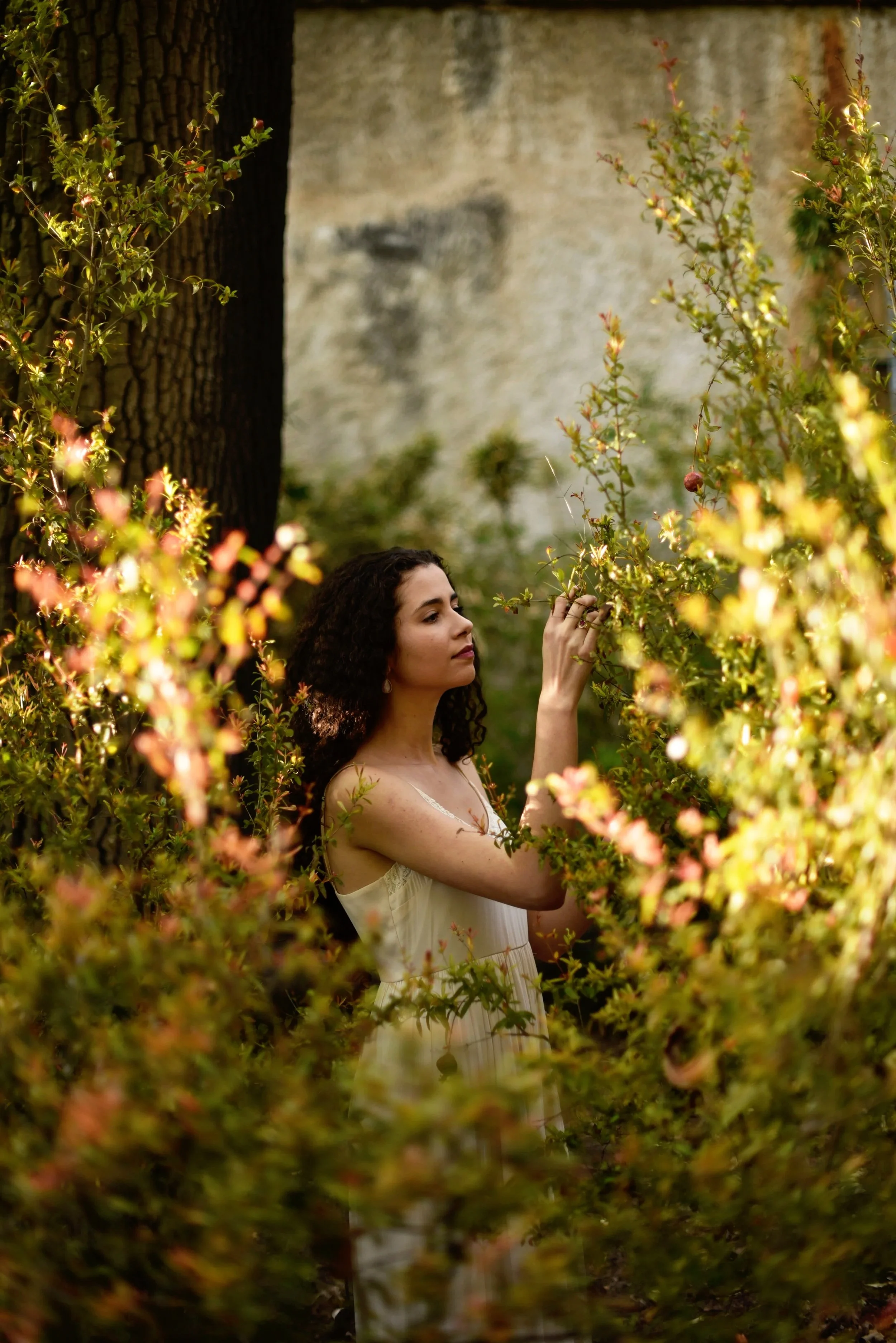 A woman with curly dark hair in a white dress walks through a garden filled with pink and green bushes, touching a branch with flowers.