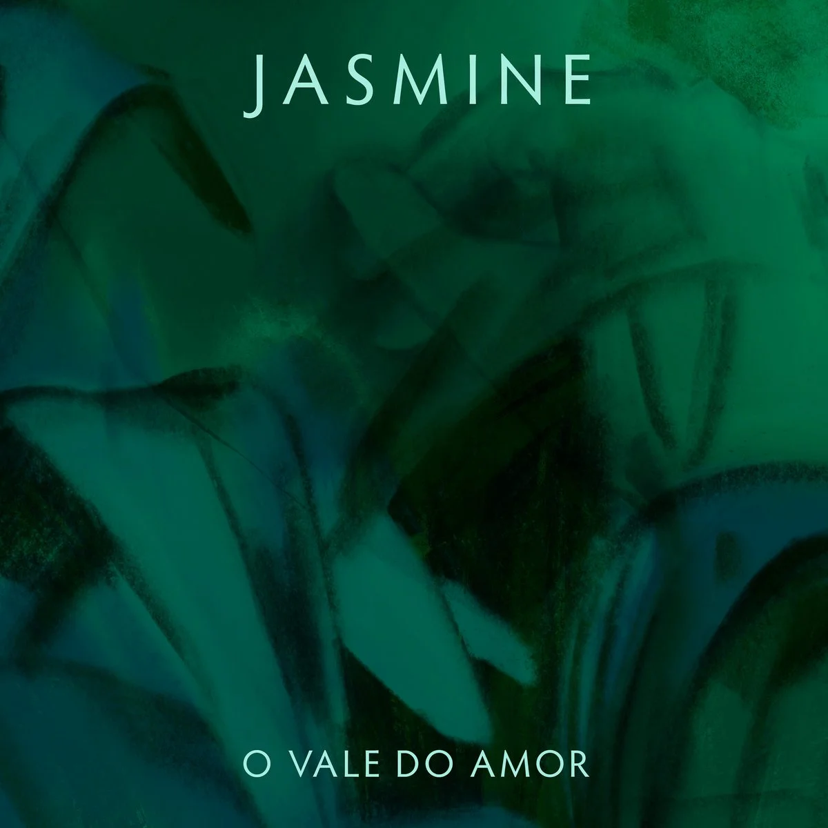 Book cover titled 'Jasmine' with abstract green and blue background and the subtitle 'O Vale do Amor'.