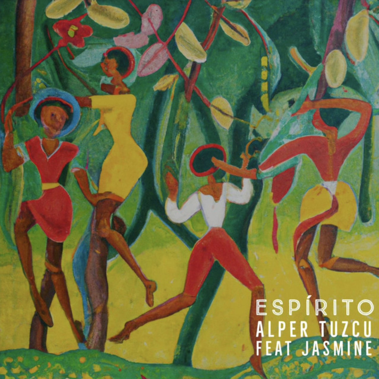 Colorful abstract painting of five dancing women with vibrant green, yellow, red, and blue background and leaves. Text overlay reads 'Espírito Alper Tuzcu feat Jasmine'.