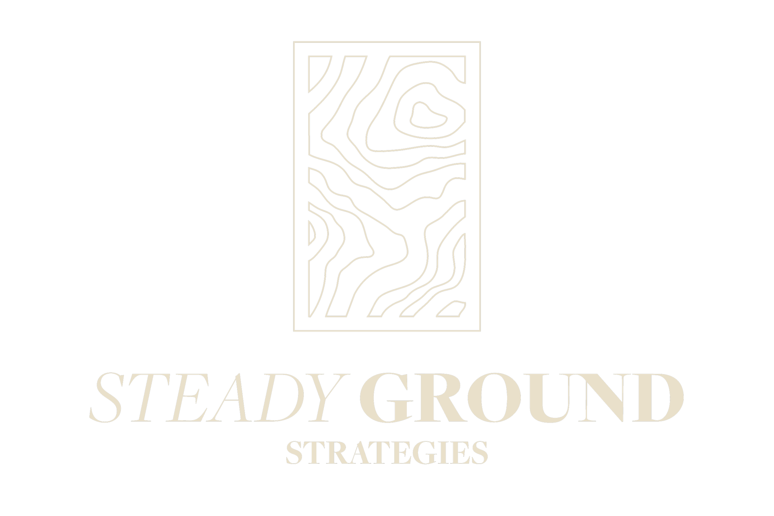 Black background with a white rectangular abstract topographic map illustration and the text 'STEADY GROUND STRATEGIES' in cream-colored font.
