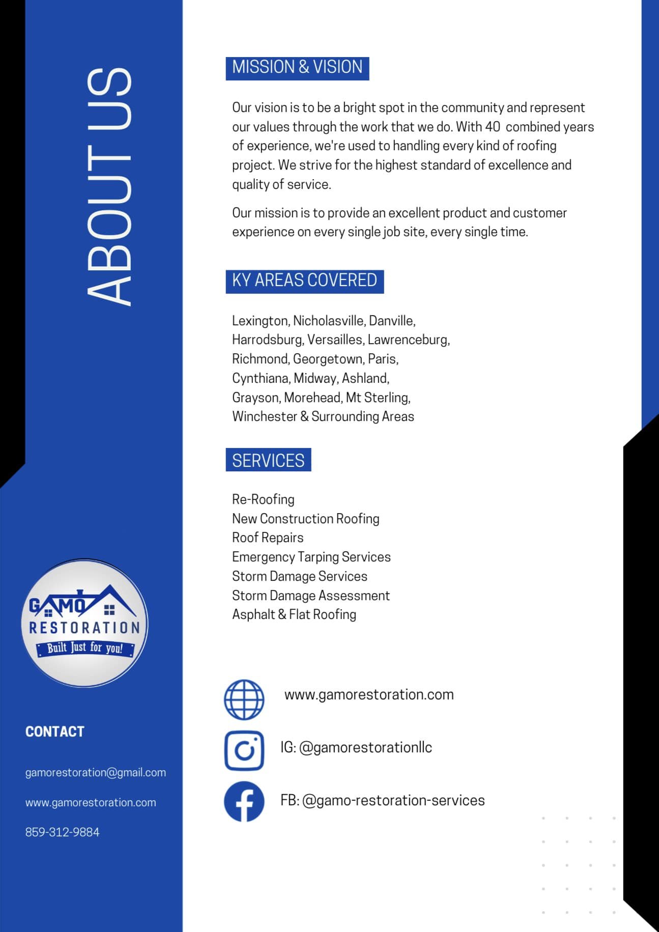 Business flyer for Gamo Restoration with company overview, services, covered areas, contact information, and social media icons.