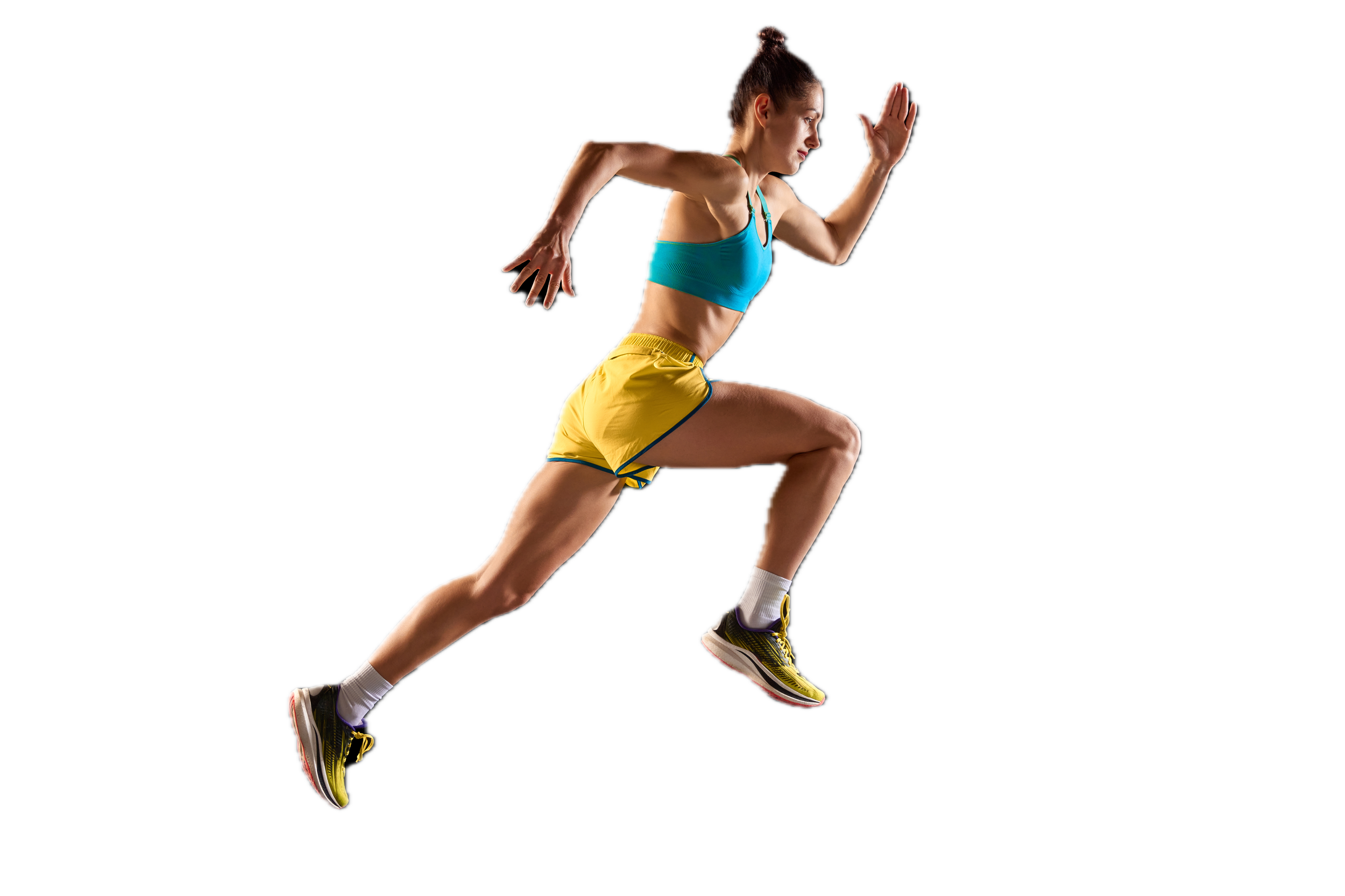 A woman in athletic clothing running or jumping in mid-air against a black background.