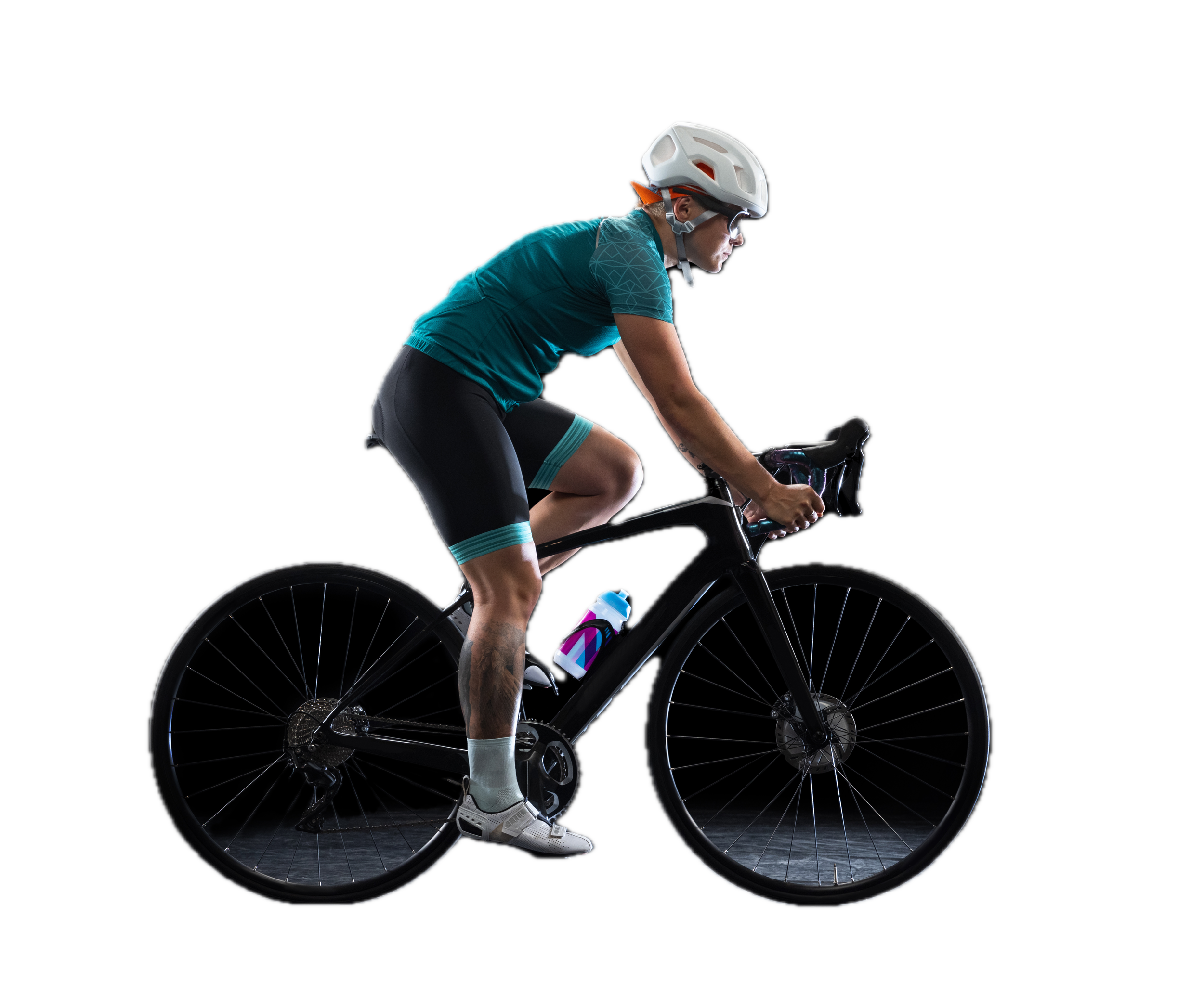 A cyclist riding a black road bike, wearing a white helmet, sunglasses, a turquoise shirt, black cycling shorts, white socks, and white cycling shoes, positioned against a black background.