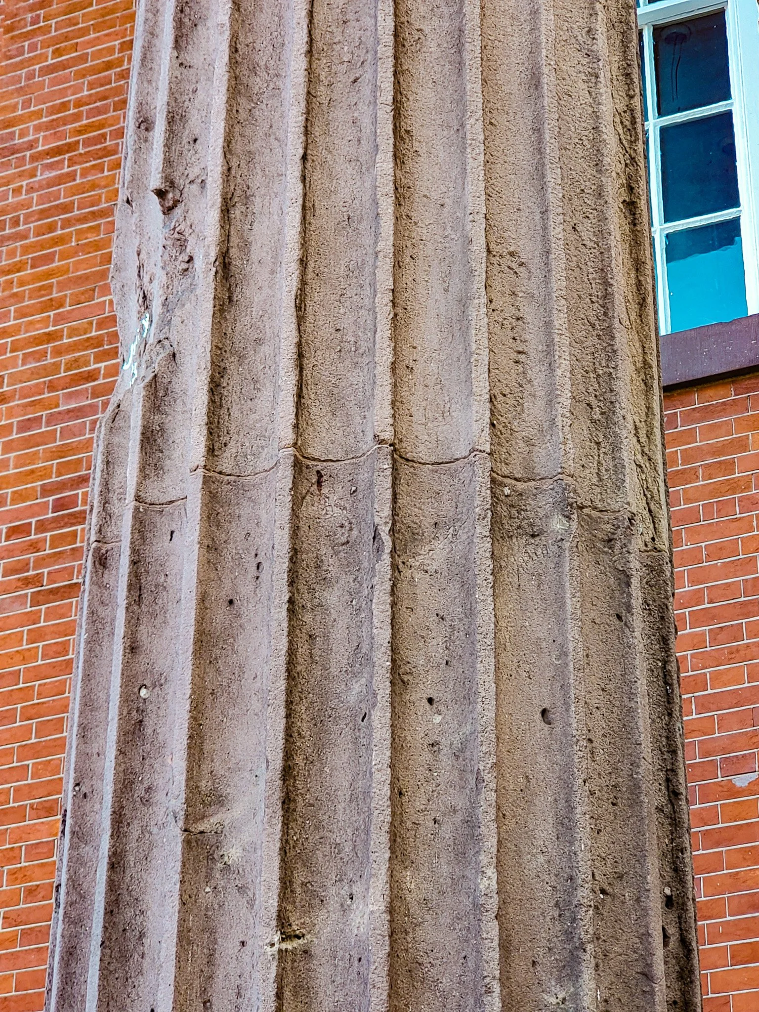 Cannonball damage closeup at county courthouse Carlisle PA.jpg