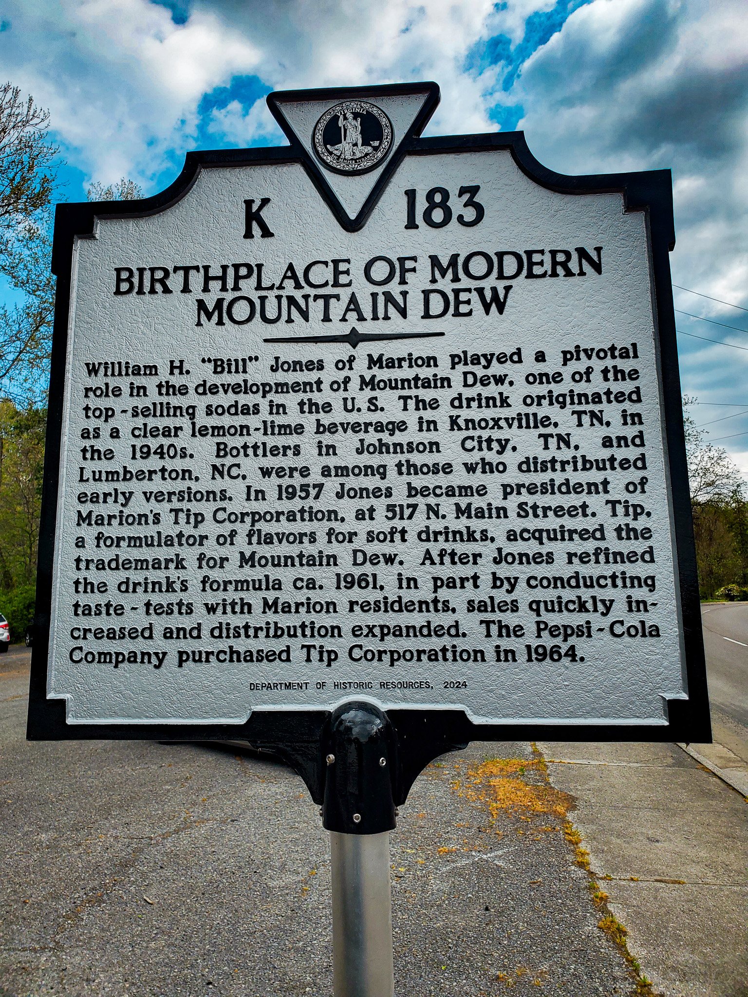 Birthplace of modern Mountain Dew road side sign Marion VA.jpg