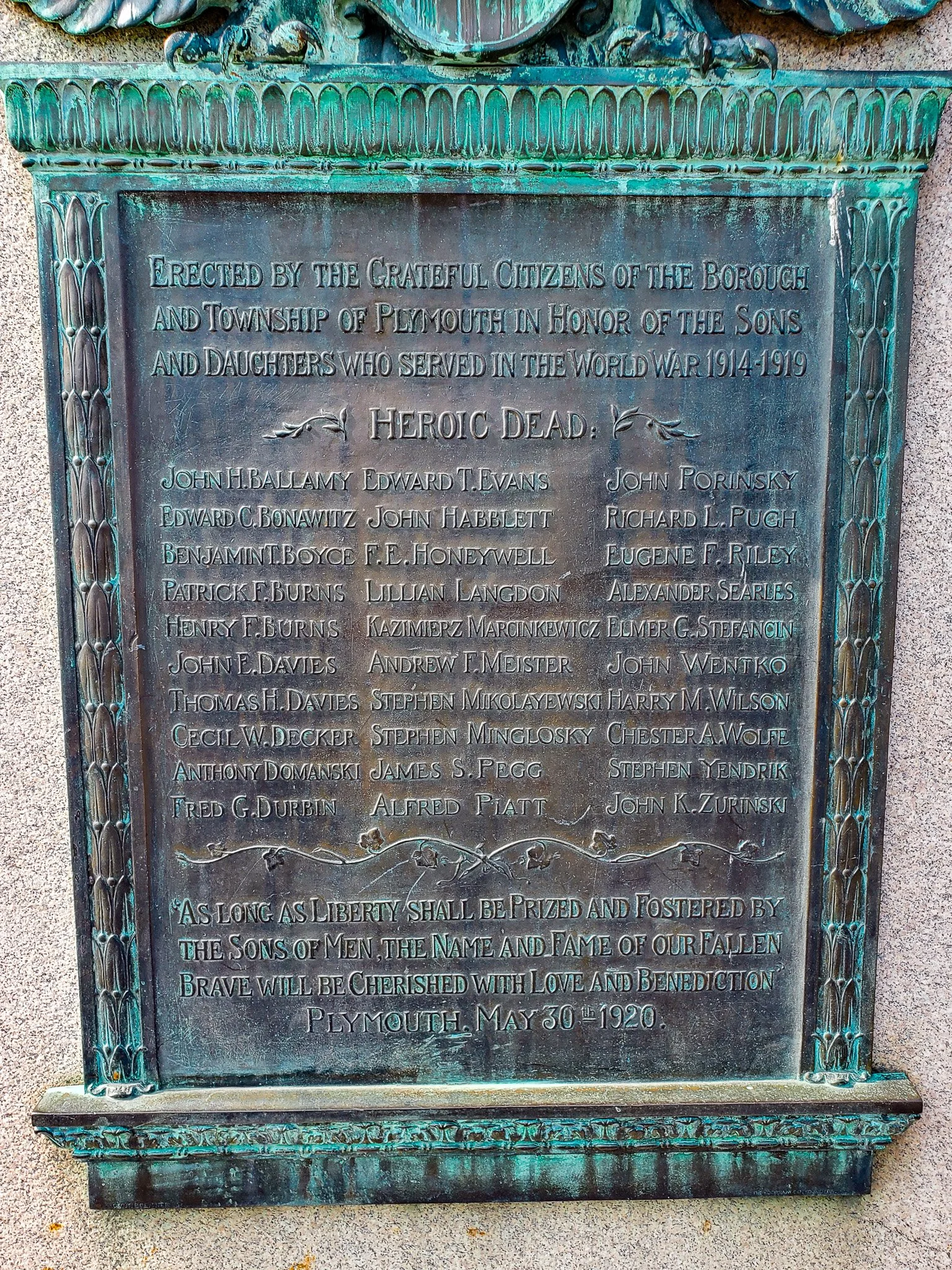 Heroic dead plaque WW1 Plymouth PA.jpg
