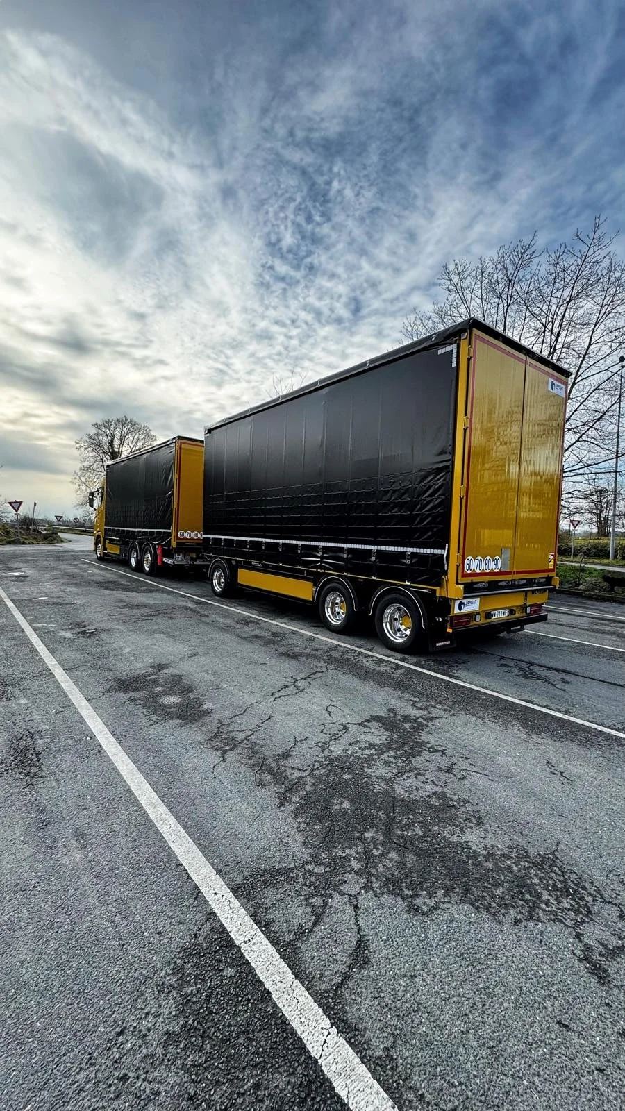 Un camion remorque de livraison sur un parking, sous un ciel nuageux avec quelques arbres sans feuilles en arrière-plan.