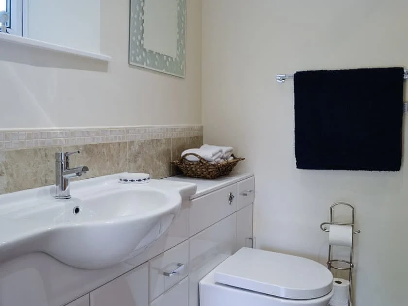 Bathroom with white sink, toilet, blue towel on wall, and wicker basket with folded towels.